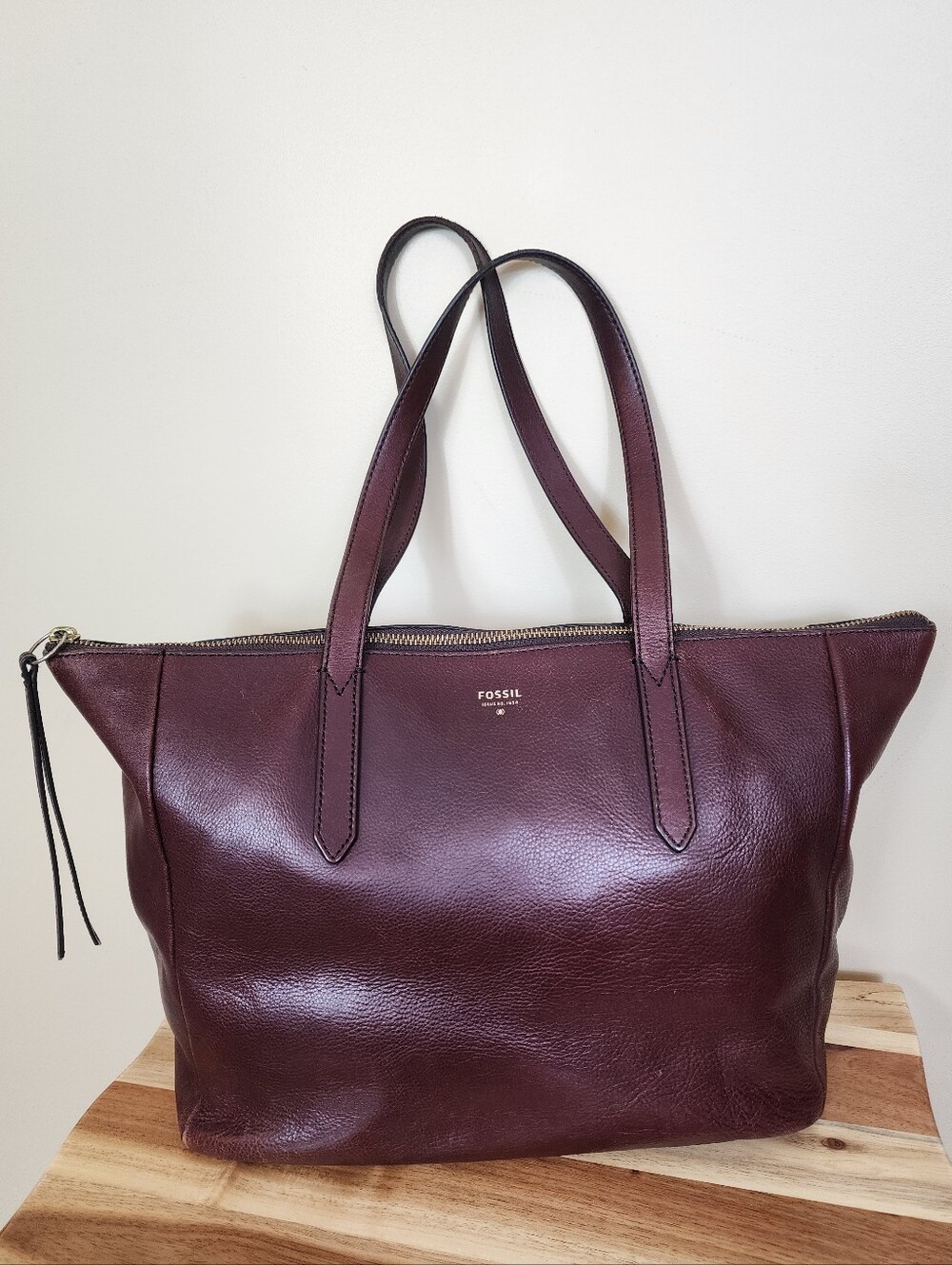 Fossil Sydney Leather Tote Burgundy Wine Oxblood Zip Top Large Shoulder Bag